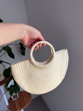Beige Straw Half-Moon Handbag with Round Handle